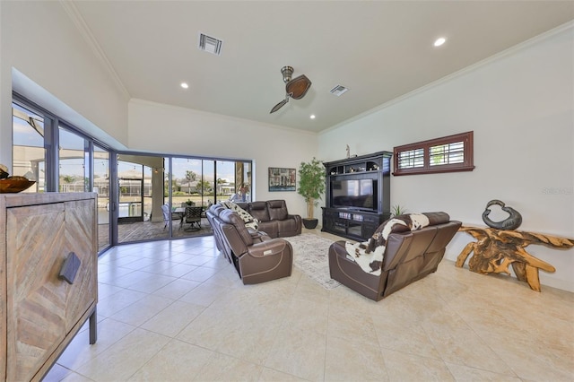 living room featuring recessed lighting, ceiling fan, visible vents, and ornamental molding