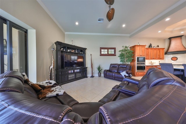 living room featuring light tile patterned floors, recessed lighting, visible vents, ornamental molding, and baseboards