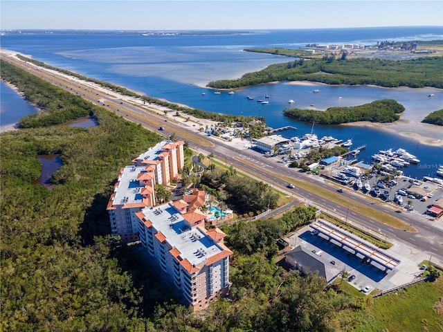 bird's eye view with a water view