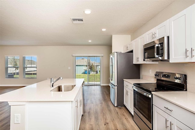 kitchen with sink, an island with sink, plenty of natural light, and appliances with stainless steel finishes