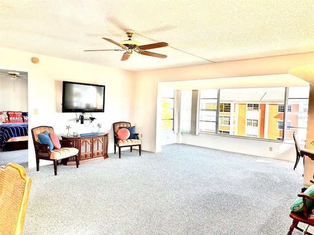 living area with carpet flooring and a textured ceiling