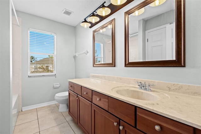 full bathroom featuring tile patterned floors, a textured ceiling, toilet, shower / tub combination, and vanity