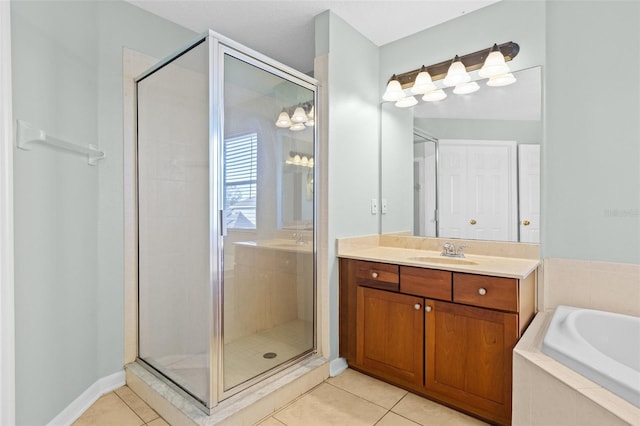 bathroom featuring separate shower and tub, tile patterned flooring, and vanity