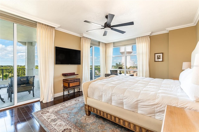 bedroom with access to outside, dark hardwood / wood-style floors, ceiling fan, ornamental molding, and a textured ceiling