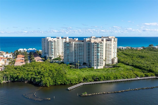 drone / aerial view featuring a water view