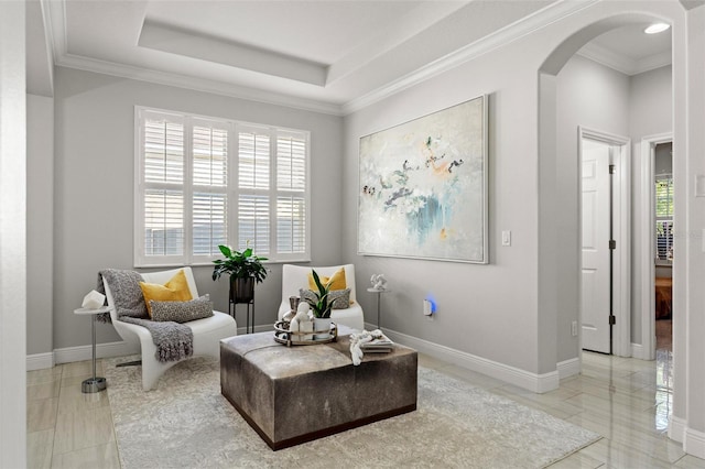 living area with a raised ceiling and crown molding