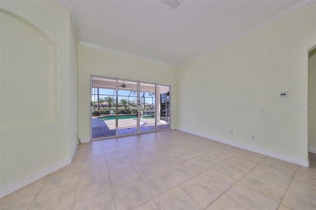 tiled empty room with crown molding and ceiling fan