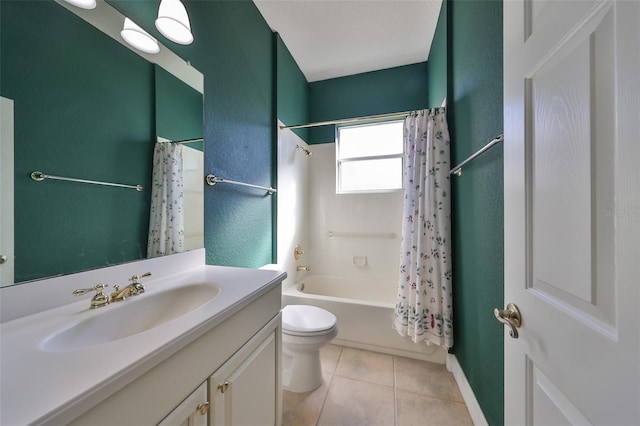 full bathroom featuring tile patterned flooring, vanity, toilet, and shower / tub combo with curtain