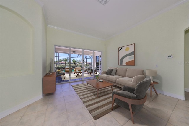 living room featuring light tile patterned floors and crown molding