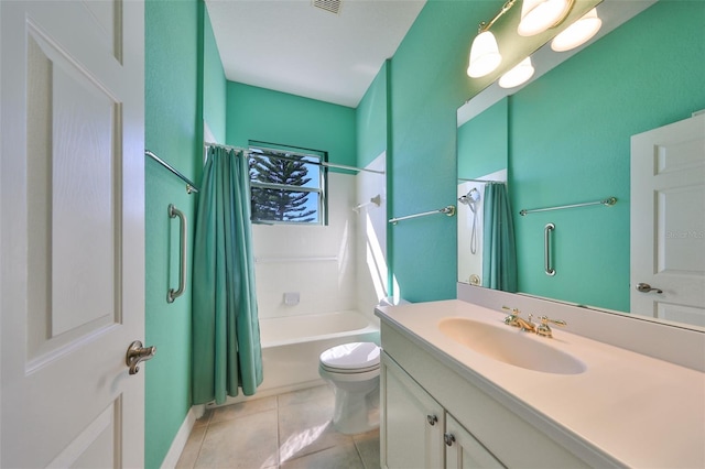 full bathroom with toilet, shower / bath combination with curtain, vanity, and tile patterned floors