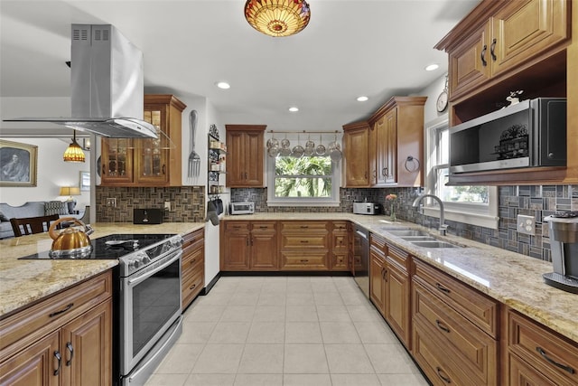 kitchen with island exhaust hood, stainless steel appliances, a wealth of natural light, and sink