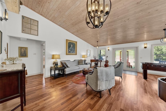 living room with hardwood / wood-style floors, french doors, plenty of natural light, and wood ceiling