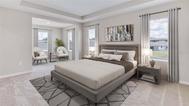 bedroom with carpet and a raised ceiling