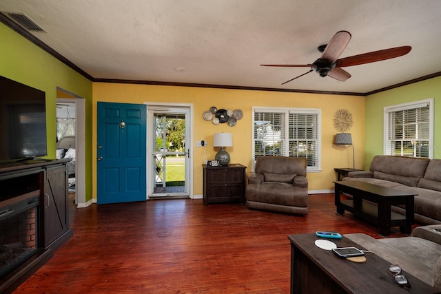 living room with dark hardwood / wood-style floors, ceiling fan, and ornamental molding