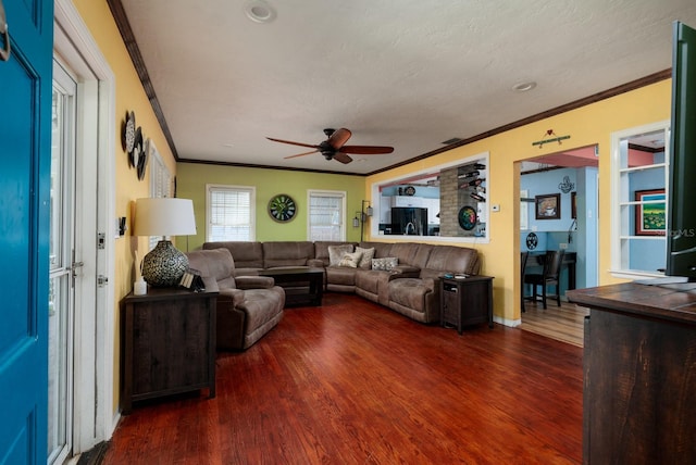 living room with ornamental molding, ceiling fan, and dark wood-type flooring