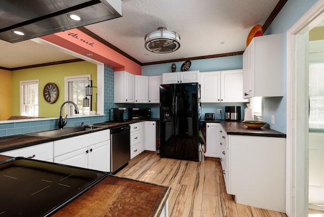 kitchen with black appliances, sink, light wood-type flooring, ornamental molding, and white cabinetry