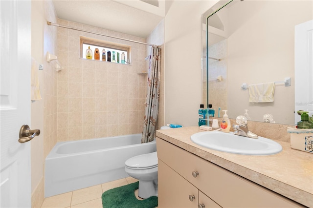 full bathroom featuring tile patterned floors, shower / bath combo, toilet, and vanity