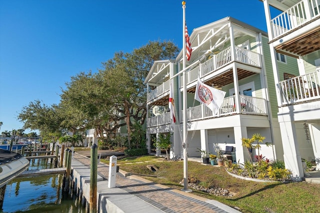 exterior space with a water view