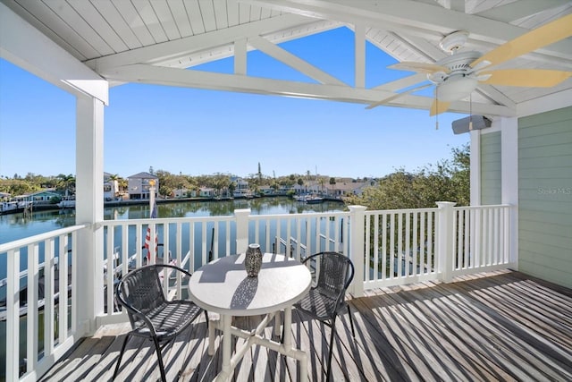 wooden terrace featuring ceiling fan and a water view