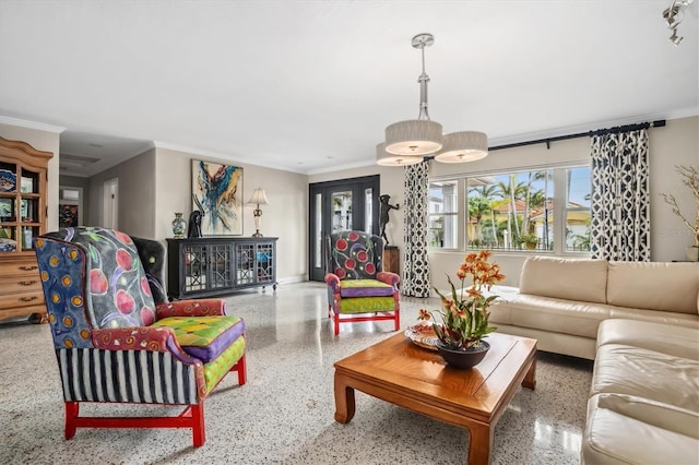 living room with crown molding