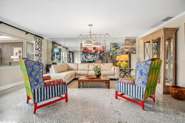 living room with a wealth of natural light and crown molding