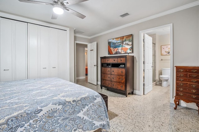 bedroom with ceiling fan, a closet, ensuite bathroom, and ornamental molding