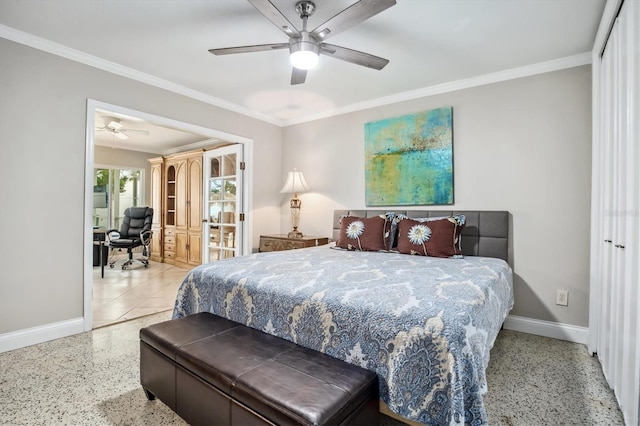 bedroom with ceiling fan and crown molding