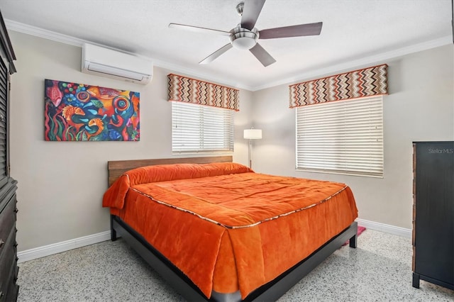 bedroom featuring a wall unit AC, ceiling fan, and ornamental molding