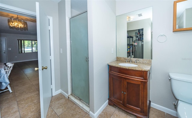 bathroom featuring walk in shower, electric water heater, a notable chandelier, toilet, and vanity