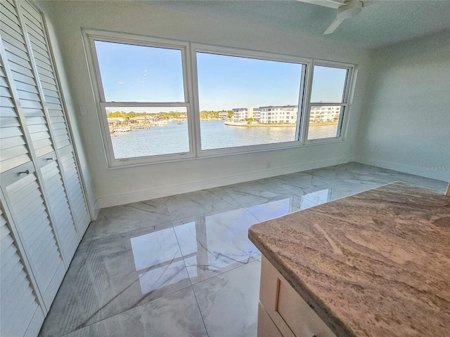 interior space with a water view