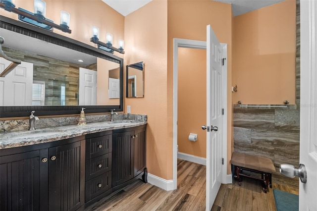 bathroom with a shower, hardwood / wood-style floors, and vanity