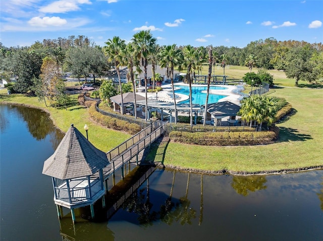 aerial view featuring a water view