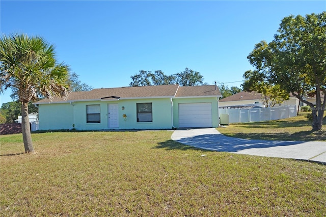 single story home with a front yard, a garage, and central AC unit