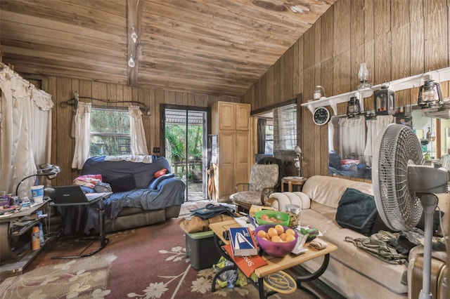 interior space with vaulted ceiling, wooden ceiling, and wood walls