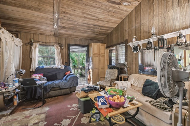 15577 Little Ranch Rd, Spring Hill, FL 34610 - living area featuring wood ceiling, wooden walls, and lofted ceiling