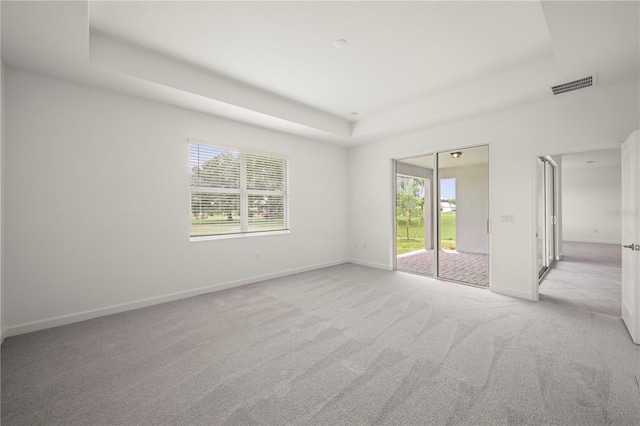 carpeted spare room featuring a raised ceiling