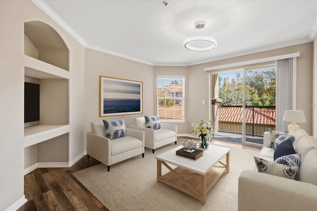 living room with dark hardwood / wood-style flooring and crown molding