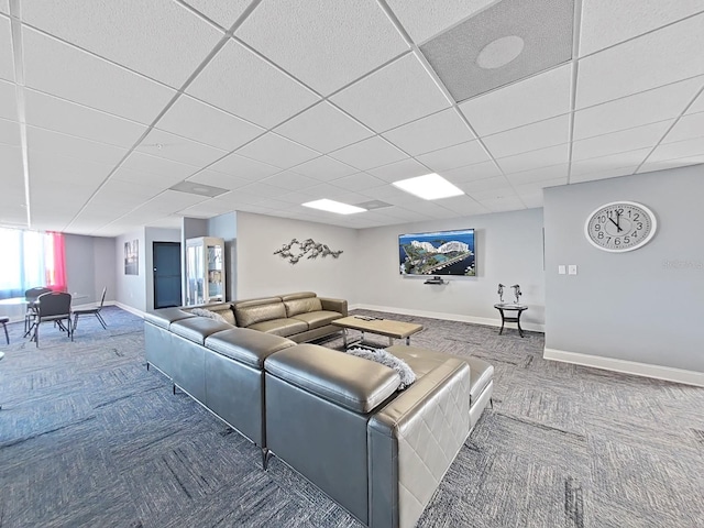 living area featuring carpet floors, a drop ceiling, and baseboards