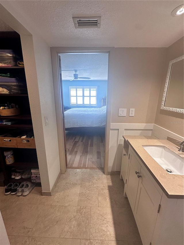 bathroom featuring vanity, a textured ceiling, and hardwood / wood-style flooring