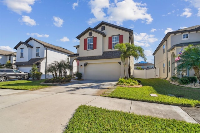 view of property featuring a front yard and a garage