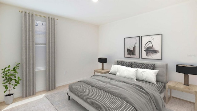 bedroom with light colored carpet