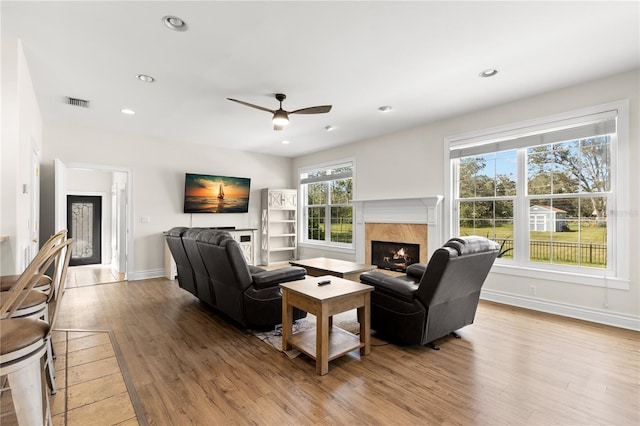 living room with ceiling fan and light hardwood / wood-style floors