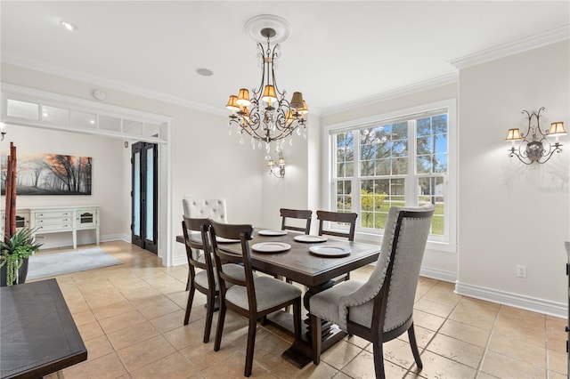 tiled dining room featuring crown molding and an inviting chandelier