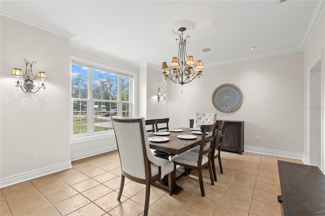 tiled dining area with ornamental molding and a chandelier