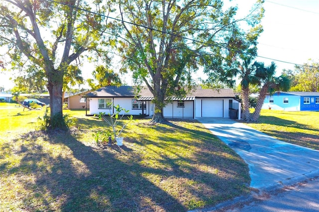 single story home with a garage and a front lawn