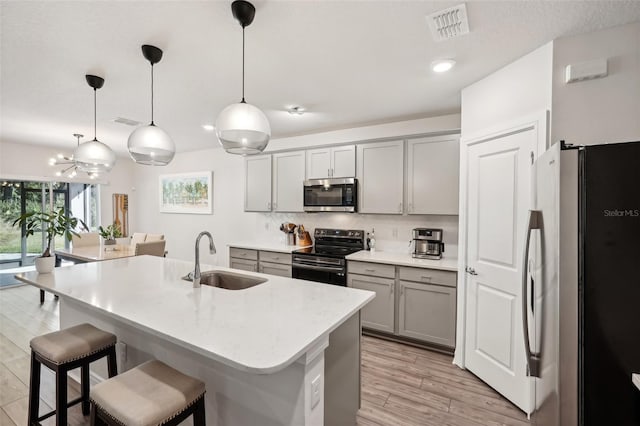 kitchen with sink, stainless steel appliances, light hardwood / wood-style flooring, decorative light fixtures, and a kitchen island with sink