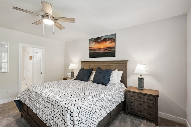 bedroom featuring carpet flooring, ensuite bathroom, and ceiling fan