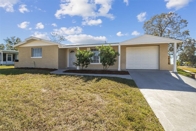 single story home with a front yard and a garage