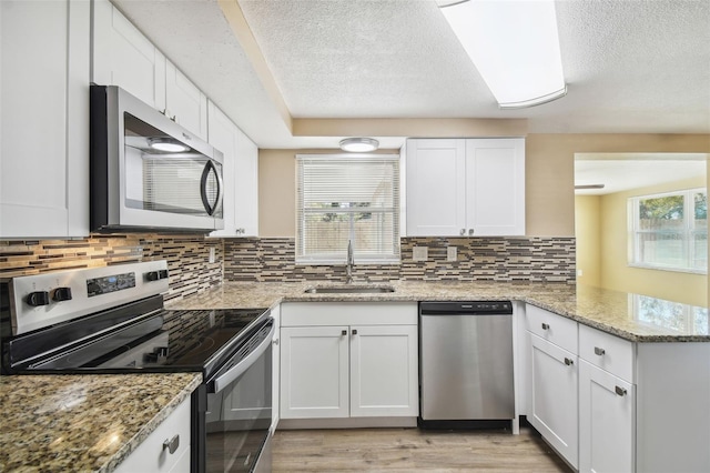 kitchen featuring white cabinets, stainless steel appliances, kitchen peninsula, and sink