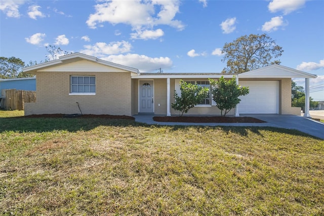 single story home with a front yard and a garage